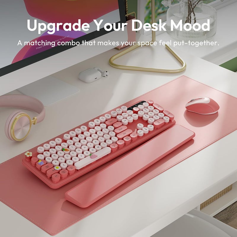 Trueque Wireless Keyboard and Mouse Combo, Typewriter Keyboard with Detachable Wrist Rest, Full-Size Retro Round Keycaps, Smart-Sleep, 2.4GHz Stable Connection for Mac/Windows/PC, (Blush Pink) - Image 2